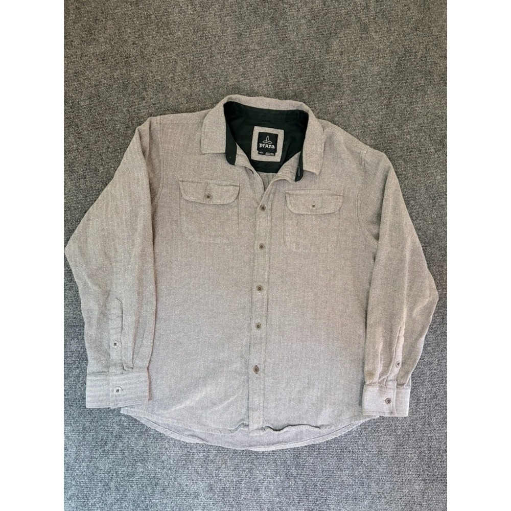 Prana Men's Flannel Gray Herringbone Mid-Weight Button Up Organic Cotton Size M